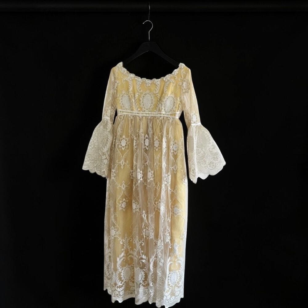 Vintage Wedding Gown 8 Matching Veil Embroidered Tulle White Lace Yellow Layer